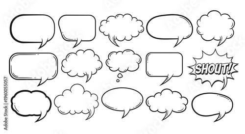 A collection of 15 various comic book style speech bubbles and thought clouds for creative writing and illustration