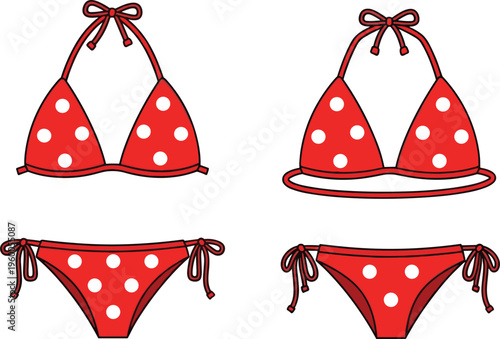 Red polka dot bikini vector, woman swimwear swimsuit illustration, beach summer vacation apparel, sexy two piece bathing suit, lady holiday clothing fashion, swimming costume.