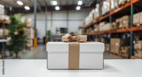Office setup showing white box with gourmet gift wrapped in elaborate carton packaging on desk with warehouse backdrop