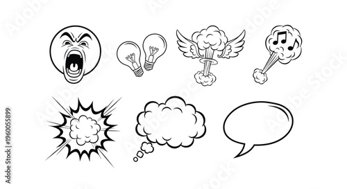 A collection of six emoticon and speech bubbles in comic book style for expressing emotions and reactions