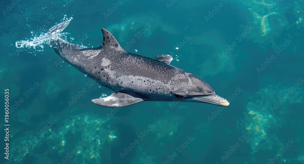 Fototapeta premium Active common dolphin gliding through clear sea with copy space for text
