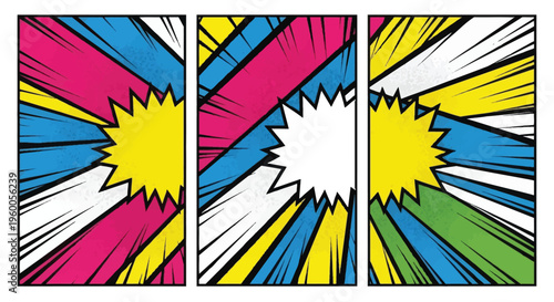 Vibrant comic book art triptych with explosive sunburst motif in pink blue yellow white and green
