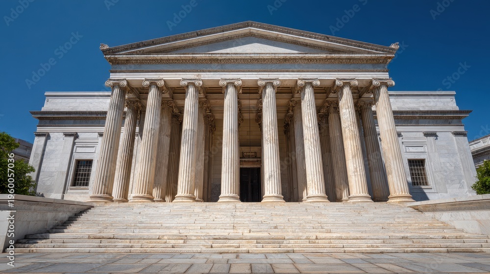 Fototapeta premium Neoclassical bank facade with Ionic columns in bright daylight