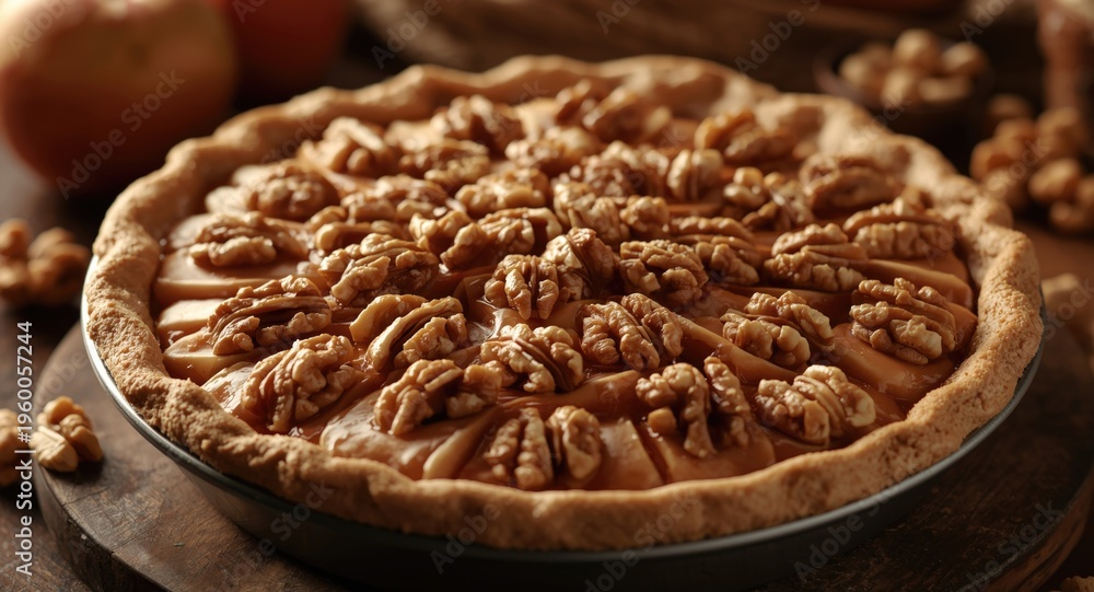 Obraz premium Crisp autumn apple pie layered with aromatic walnuts