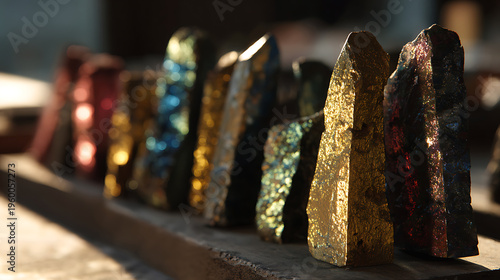 Abstract display of metallic minerals, unique colorful rock formations, iridescent ore, natural geological samples, mineralogical beauty, vibrant hues