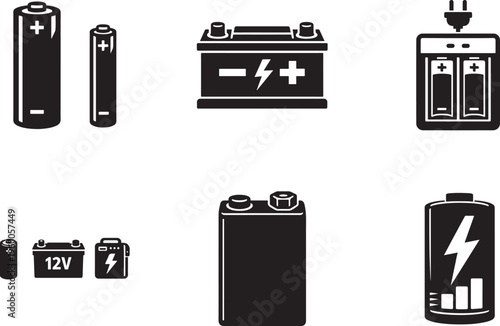 Battery icon collection with AA, AAA, car battery and charger symbols. Power energy vector set.