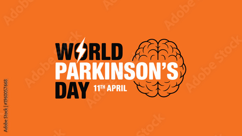World Parkinson's Day Awareness Graphic for April 11th with Brain Illustration and Lightning Bolt, Neurological Health Education Poster