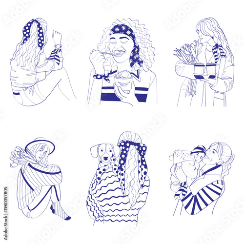 Minimal female lifestyle illustration bundle. Line art women in beauty routine, fashion, home activities, and motherhood. Perfect for social media, branding, and marketing design.