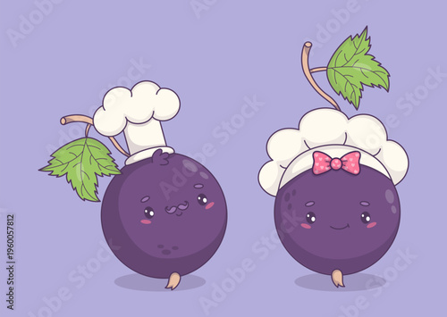 Cute Chef Blackcurrant Couple . Berry Currant Kawaii Cartoon Mascot Man and Girl with Cook Hat. Isolated Funny Character for Kitchen, Menu and Restaurant Design. Vector illustration