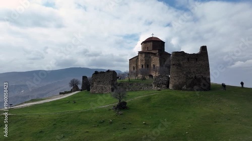 Jvari monastery in georgia aerial approaching shot