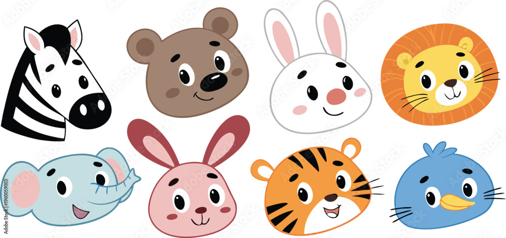 Fototapeta premium Colorful Flat Style Animal Faces Set, Cute Cartoon Zoo Characters in Grid Composition Childlike Illustration for Posters Apps and Educational Materials