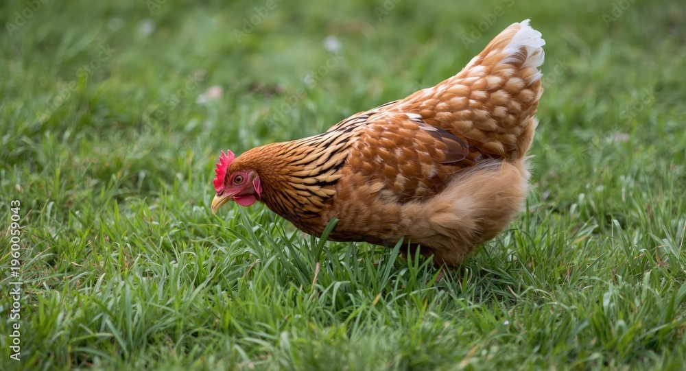 Fototapeta premium Lively red hen actively exploring the green grass in free range environment