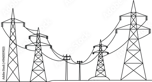 High Voltage Power Lines, Transmission Towers, Electrical Grid, Energy Infrastructure, Utility Poles, Distribution Network