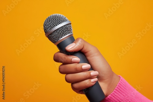 Portrait-style close shot: womanâ€™s hand with a handheld microphone on a vivid colored backdrop