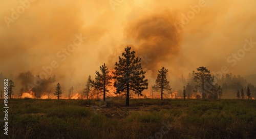 Smoldering young pine trees amidst blazing forest fire for ecological management