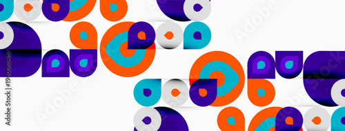 Abstract circles overlap, creating vibrant geometric pattern. Orange, turquoise, purple hues dominate white background. Modern design element.