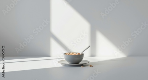 Minimalist modern kitchen showing cereal bowl on plate under natural daylight with copy space