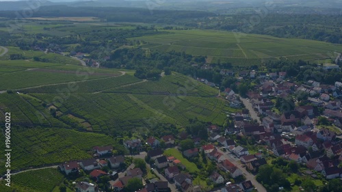Aerial of Vineyards close to the city of  Mundelsheim in Germany on a sunny spring day