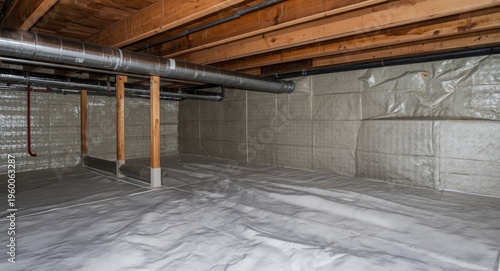 Encapsulated crawl space in basement using thermal insulation blankets and dimple barrier with radon mitigation piping