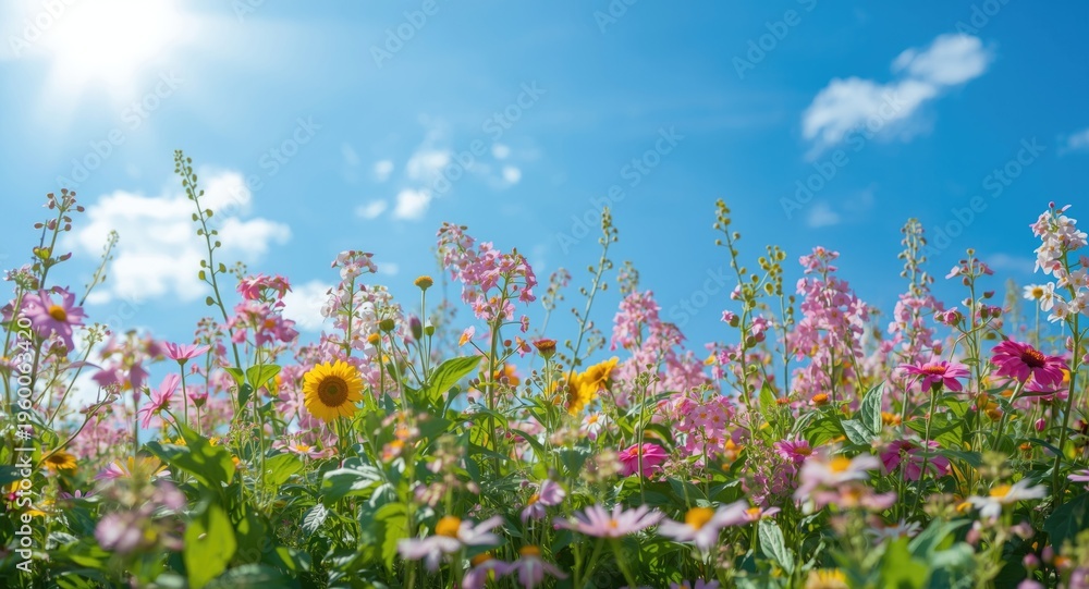 Obraz premium Cheerful summer flowers flourishing beneath a bright sky background