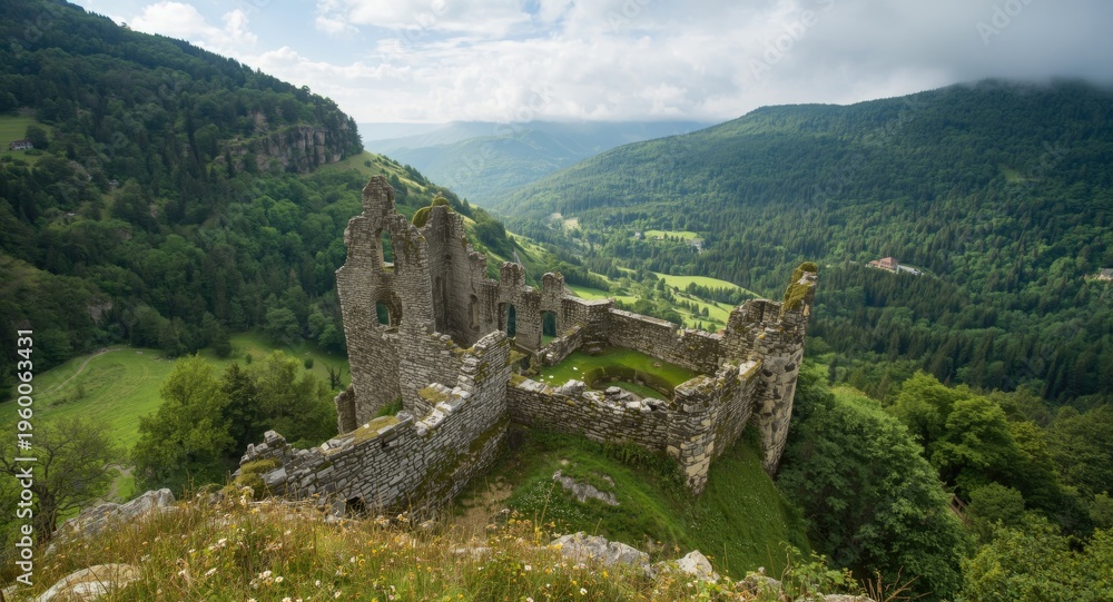 Fototapeta premium Medieval Celtic castle ruins surrounded by forested hills in summer mountain valley