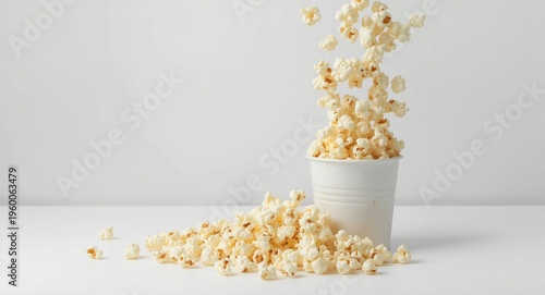 Popcorn spilling merrily into a bucket against a plain white surface