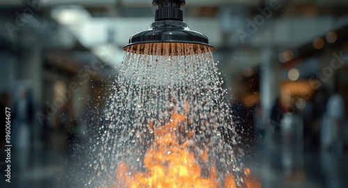 Fire safety fire sprinkler activating to suppress flames indoors