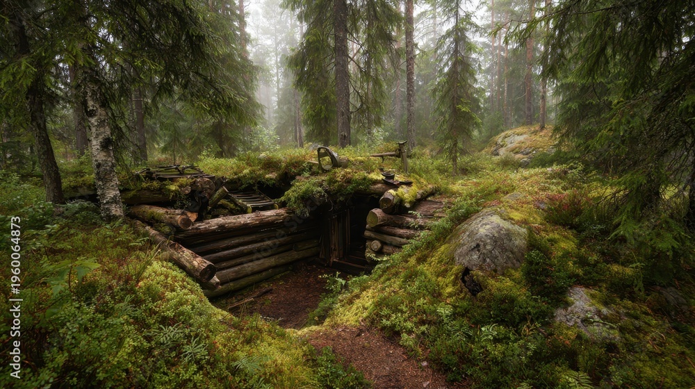 Fototapeta premium Quiet dawn over a weathered wooden shelter and earthworks in a Nordic forest defense line