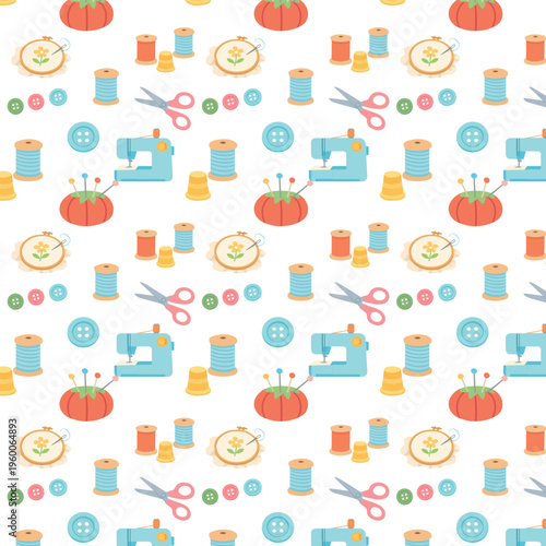 A seamless flat vector pattern features colorful sewing tools like spools of thread, scissors, buttons, needles, and sewing machines arranged on a light background.