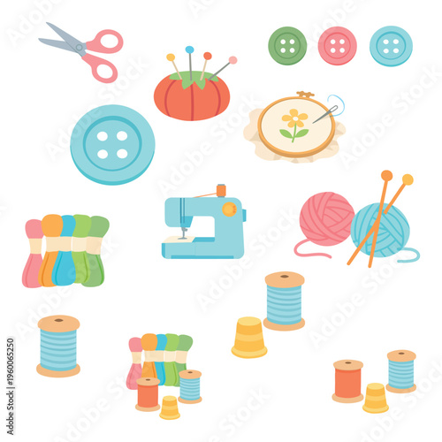 A flat vector set of colorful sewing and knitting tools, including scissors, buttons, thread spools, yarn, needles, and a sewing machine, arranged on a light background.
