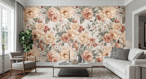 Floral wallpaper installation delivering sophisticated style to modern living room space