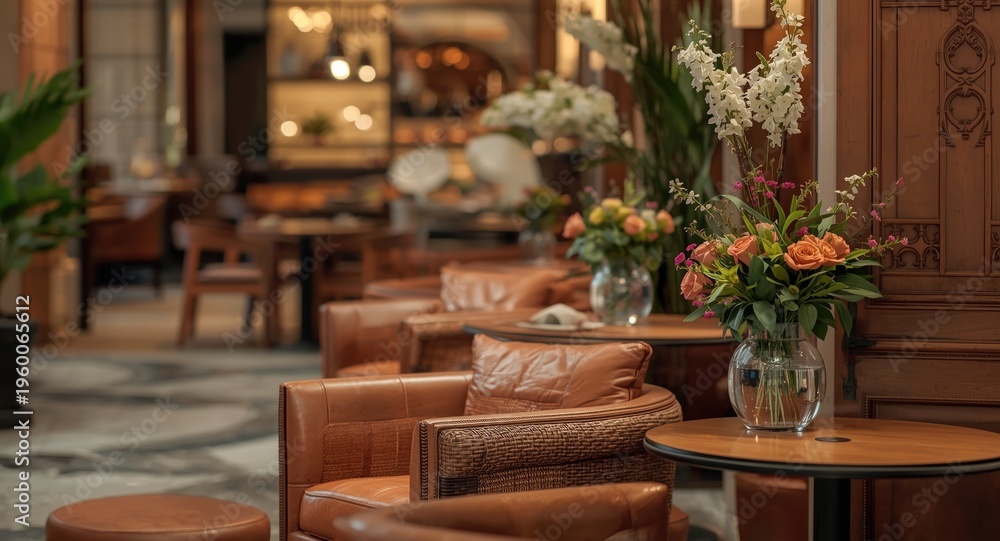 Fototapeta premium Modern upscale hotel interior with terracotta palette, leather and woven rattan seating, flowers and ambient blurred light background