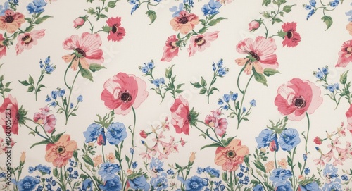 Floral silk cloth in cream featuring pink cornflowers and blue cornflower border texture