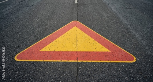 Road warning triangle showing precedence in traffic on asphalt lane