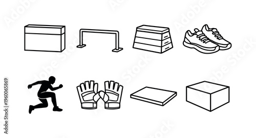 Parkour training elements: wall obstacle, rail bar, vault box, running shoes, jump silhouette, grip gloves, training mat, urban block