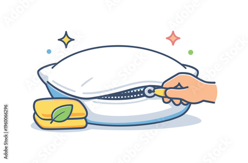 Pulling a zipper on a pillowcase after changing bedding as part of a simple household routine focused on cleanliness and maintaining a comfortable sleeping space, a pillow with a
