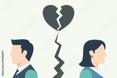 Couple With Broken Heart Facing Away Representing Relationship Breakup Separation And Emotional Conflict