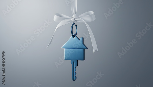 Blue house shaped key hanging with white ribbon home