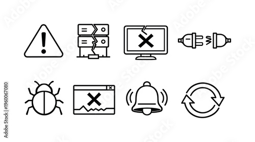 System failure error: warning triangle, broken server, error screen monitor, disconnected plug, bug icon, crash message window, alert bell, system reboot symbol