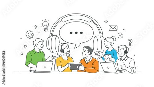 A customer support and service excellence scene showing a small team assisting clients and resolving issues together around a large headset icon and a simple speech bubble, using