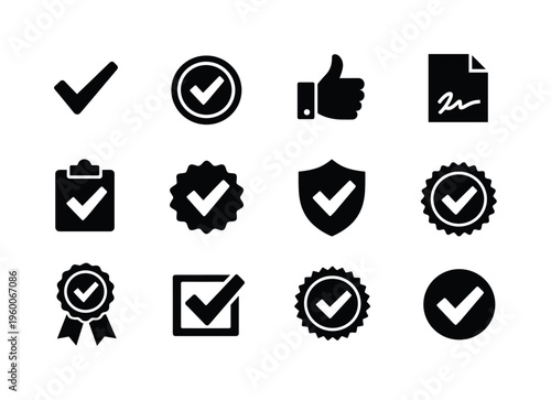 Approval and validation: checkmark, approved stamp, thumbs up, signed document, clipboard check, badge with check, shield with checkmark, verified seal, approval ribbon, tick box
