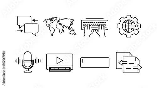 Multilingual communication: speech bubbles exchange, world map, keyboard typing, language settings gear, voice recognition, subtitles screen, text input box, message translation
