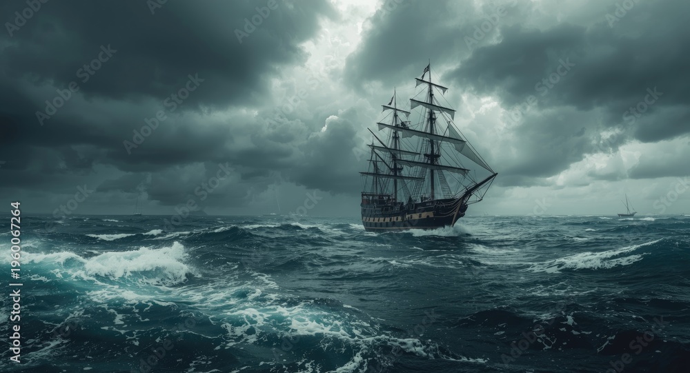 Fototapeta premium Heavy seas and stormy skies surround a pirate ship