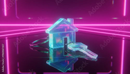 Transparent house keychain and key with neon lights