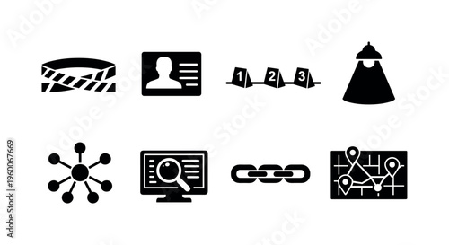 Criminology investigative analysis: crime scene boundary tape loop, suspect profile silhouette card, evidence timeline markers, interrogation spotlight cone, behavioral pattern