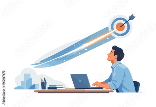 Innovation and breakthrough moment scene showing a professional experiencing a sudden surge of inspiration and progress in a fast-moving environment, with a character observing a