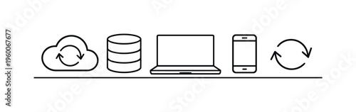 Data synchronization and automatic updates for keeping information consistent and current across multiple systems and devices, cloud, refresh arrows, database cylinder, laptop, and