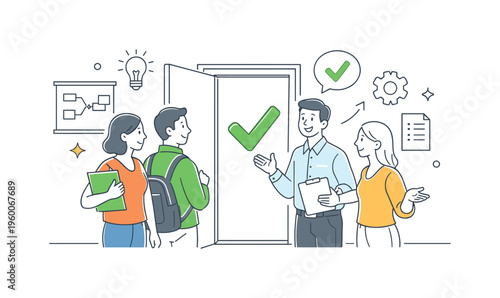 A corporate integration scenario where new employees join a team and learn processes within a structured onboarding program in a professional environment, visualized through a