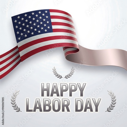 Happy Labor Day celebration with American flag ribbon and laurel wreath design
