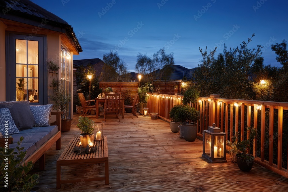 Fototapeta premium Inviting outdoor living space on a wooden deck at night with warm lighting and plant highlights
